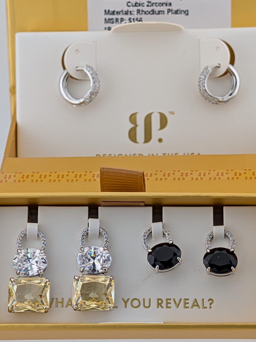 BP Rhodium-Plated Earring Set in Yellow, Black and Clear